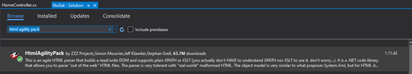Adding the Agility Pack to the solution using NuGet.